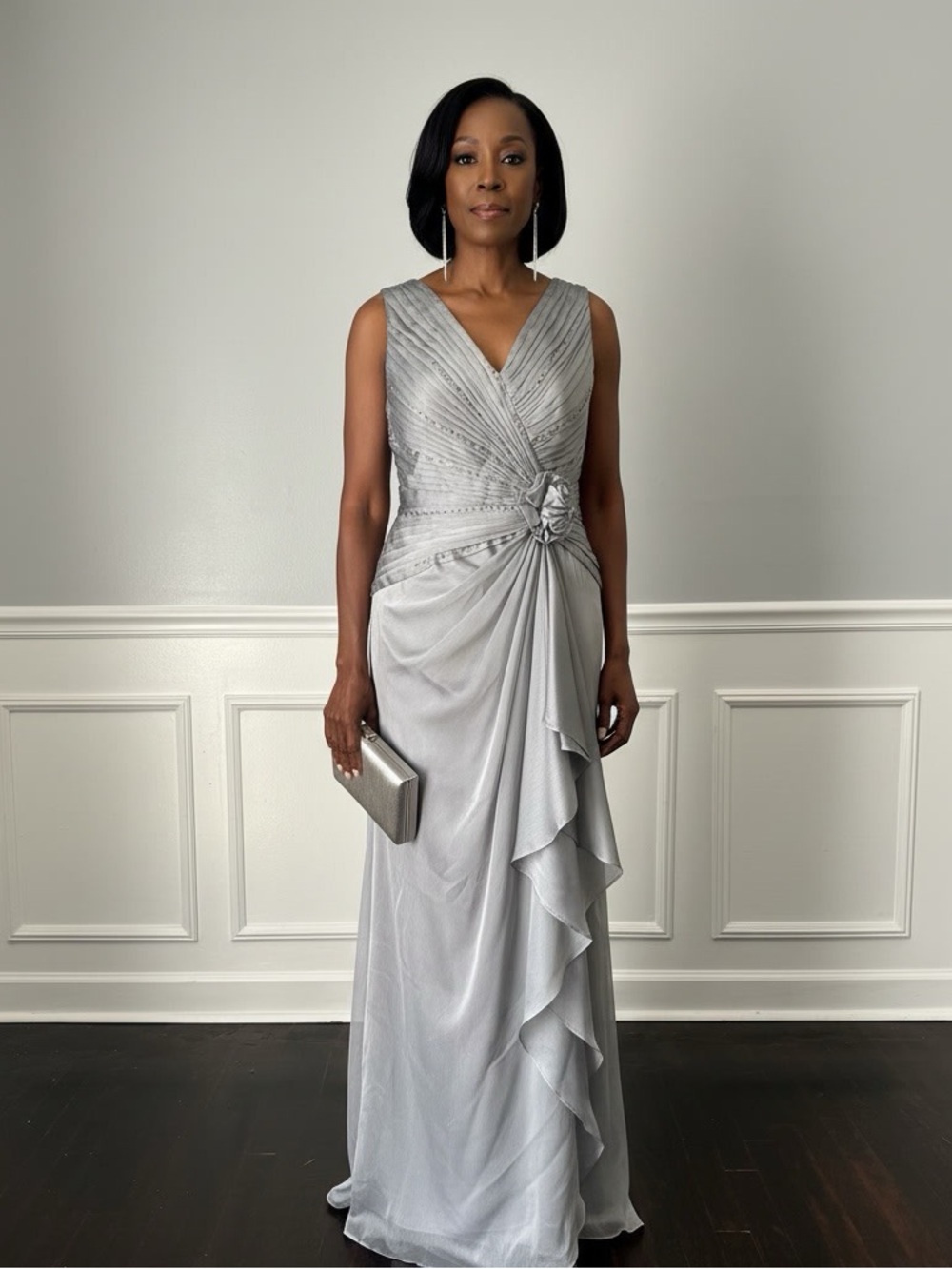 Adrianna Papell Silver Beaded V-Neck Draped Evening Gown Size 8 NWT